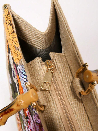 Bolsa bordada com alça de bambu