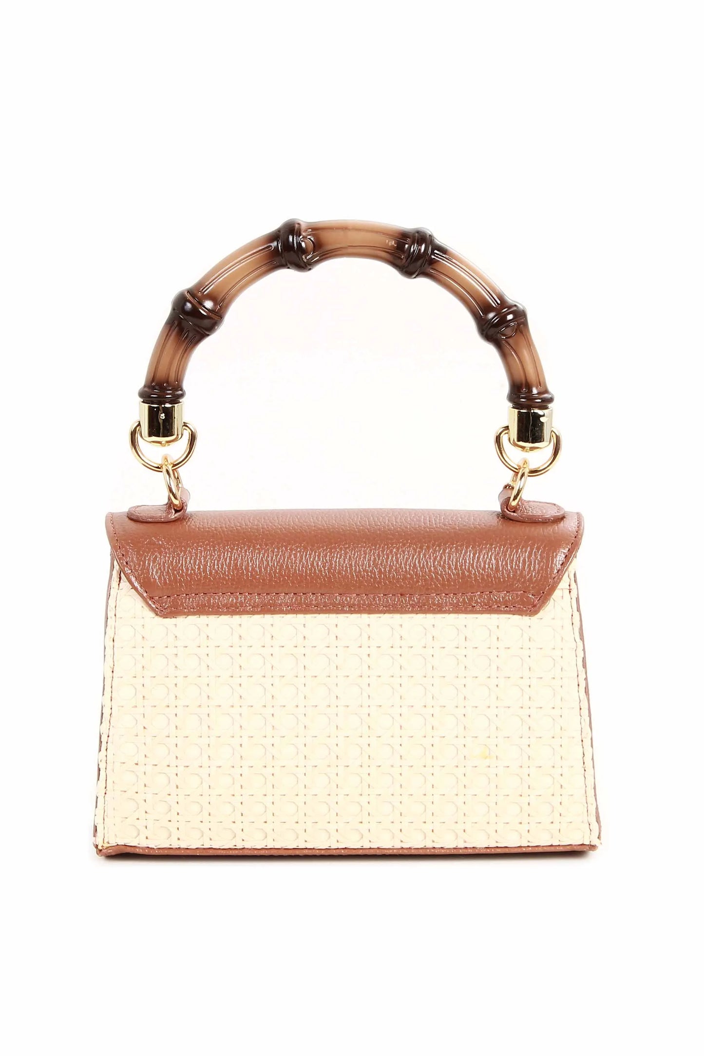 Bolsa palha e couro com alça de bambu
